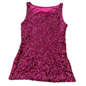Y2K Full Sequin Tank Top Stretchy Party Sleeveless M Hot Pink Glitter